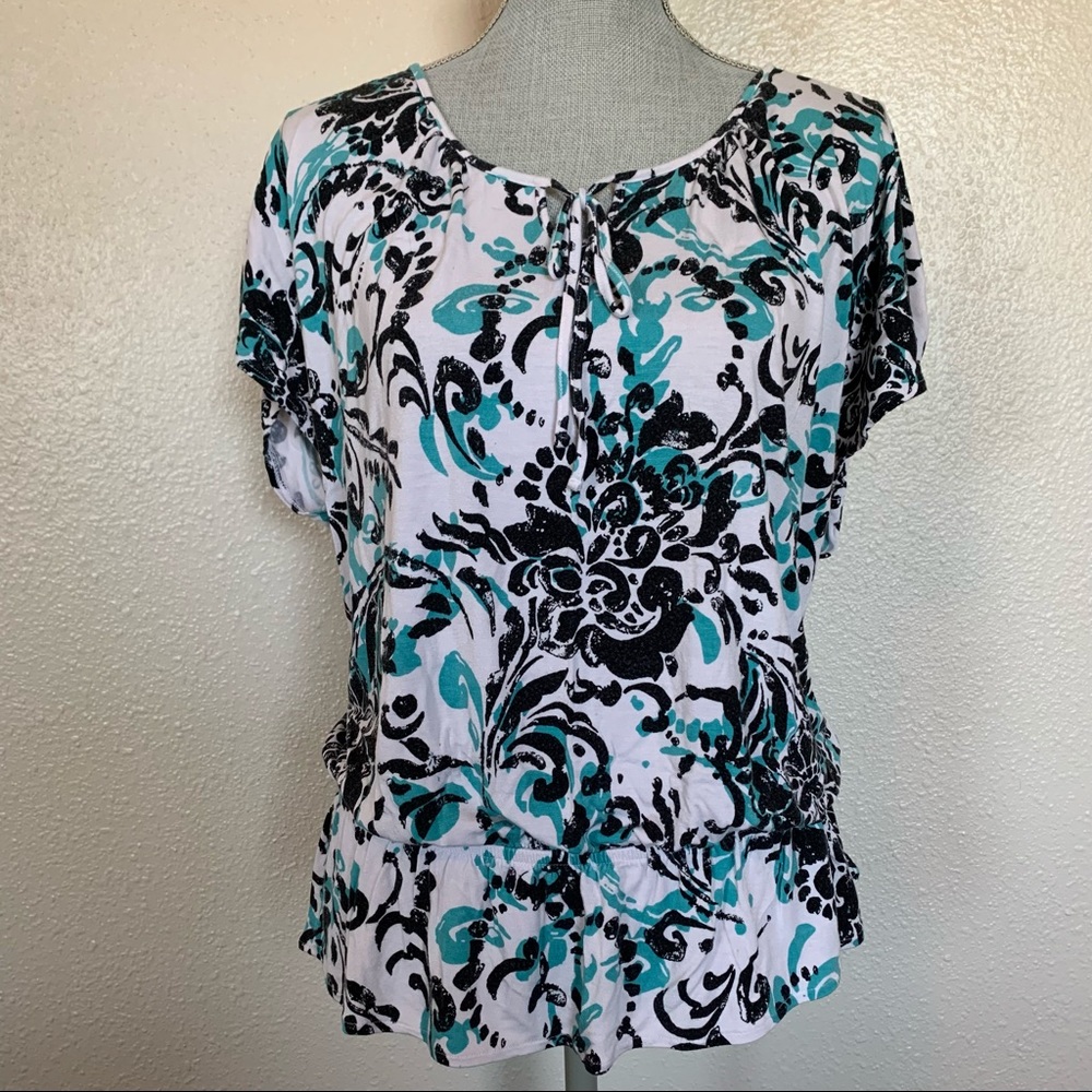 Black White Turquoise Damask Print Peplum Top
